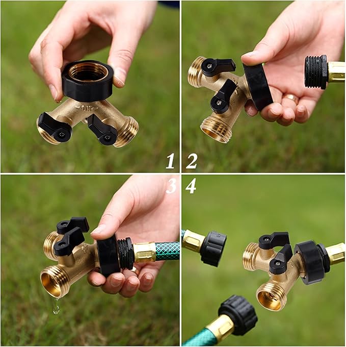 Biswing 2 Pack Garden Hose Splitter 2 Way, Heavy Duty Brass Connector Tap Splitter, Y Splitter 2 Valves with 4 Extra Rubber Washers