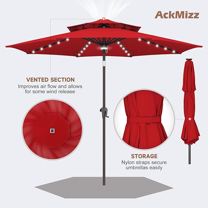 9ft Solar Umbrella Outdoor - Double Top Lighted Patio Umbrella with 40 LED Lights Waterprool Uv Protection, Table Umbrella with Tilt & Crank for Pool, Porch, Garden, Backyard(Red)