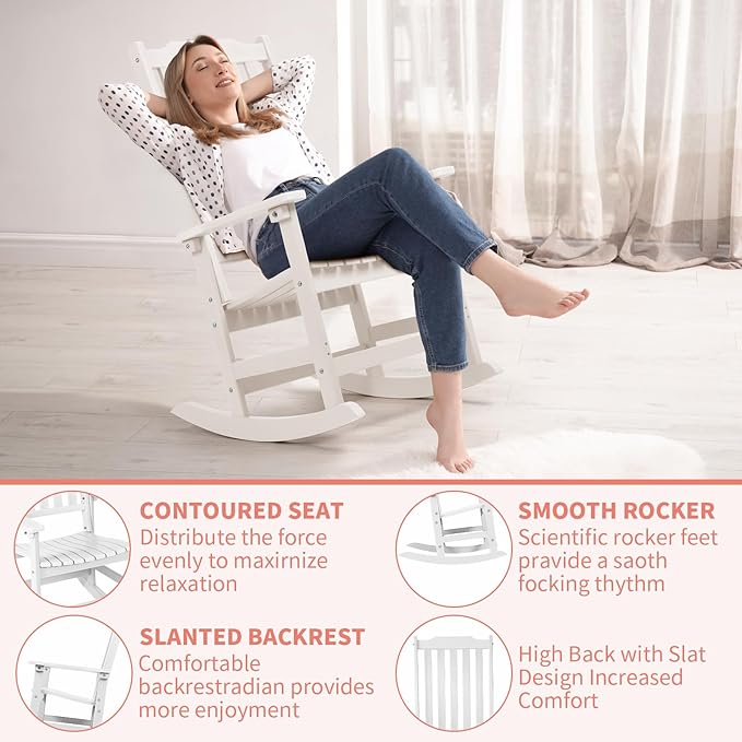 Outdoor Rocking Chair, Oversized All Weather High Back Porch Rocker, Patio Rockers for Outside