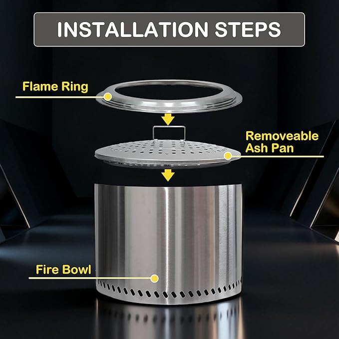 19" Smokeless Fire Pit with Air Switch, Wood Burning Portable Stainless Steel Outdoor Firepit with Removable Ash Pan for Camping, Backyard, Patio & Picnic