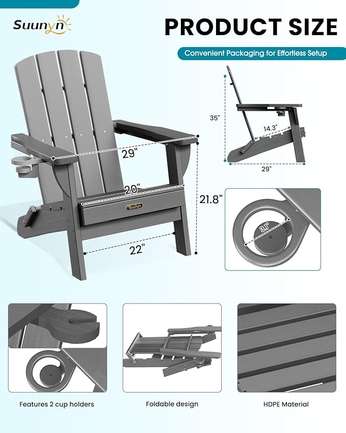 Folding Adirondack Chair, HDPE All-Weather Fire Pit Chairs, Plastic Adirondack Chairs with 2 Cup Holder, Outdoor Lawn Chair for Patio Garden (Grey)