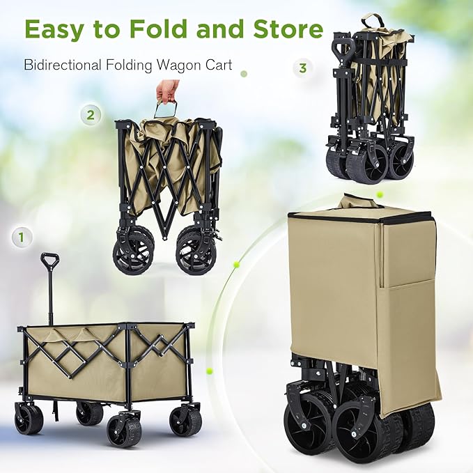 Bezseller Collapsible Wagon 400lbs, Wagons Carts Foldable, Beach Carts with Big Wheels for Sand, Heavy Duty Wagon, Utility Folding Cart with All-Terrain Wheels, Garden Carts Sports Beach, Khaki