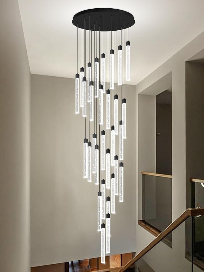177‘’ Long Crystal Column Chandelier Black 30-Light Extra Large Staircase Chandelier High Ceiling Dimmable Led Ceiling Lighting Foyer Entryway Light Source is Replaceable