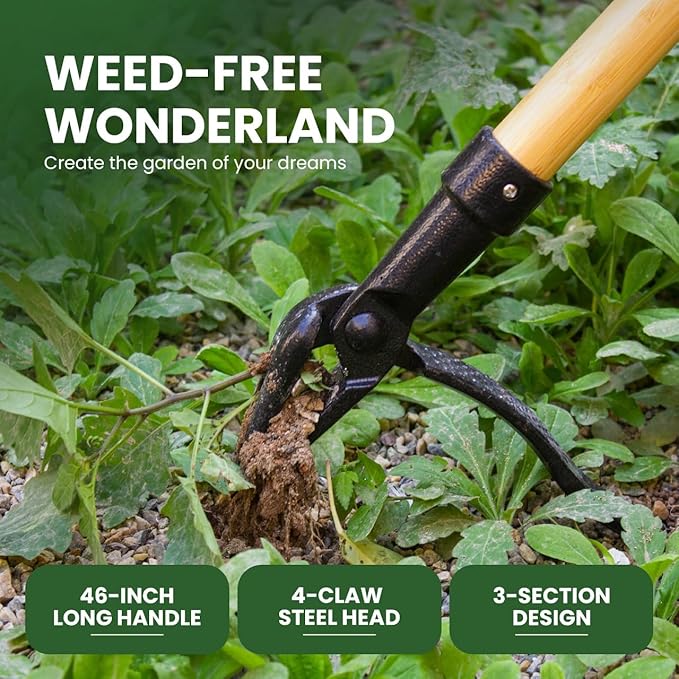 46” Detachable Weed Puller Tool Stand up Heavy Duty with 4-Claw Steel Head, Real Bamboo Garden Weed Pulling Tool, Weed Remover Tool Without Bending