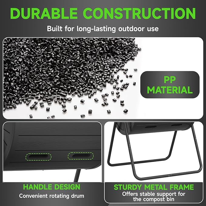 Dual Chamber Tumbling Composter 45 Gallon Large Outdoor Tumbling Composter Efficient Batch Composting Easy Turn Design (Black 45Gal)