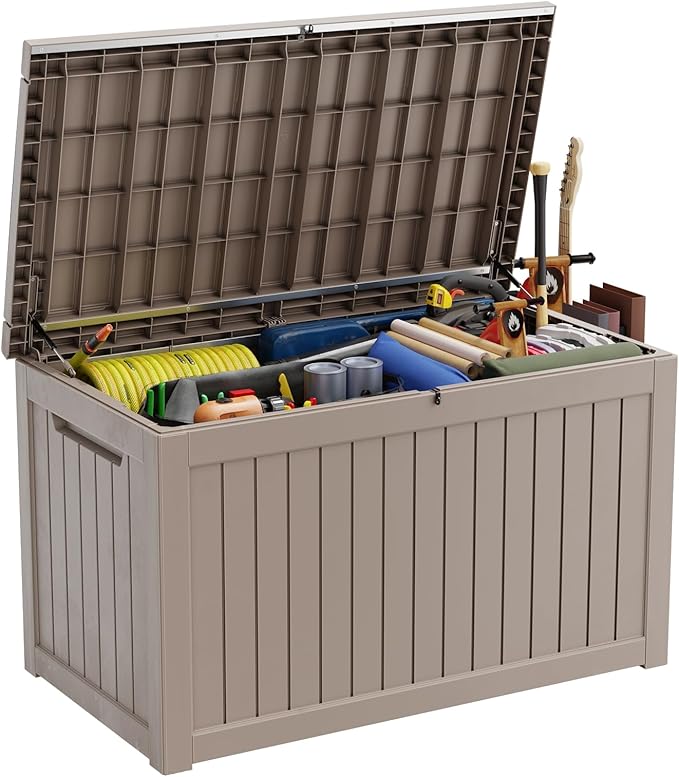 Vixzen 280 Gallon Resin Deck Box, Lockable Outdoor Storage Box for Patio Cushions Storage Furniture,Garden Tools, Pool Supplies, Weatherproof and UV Resistant- Grey