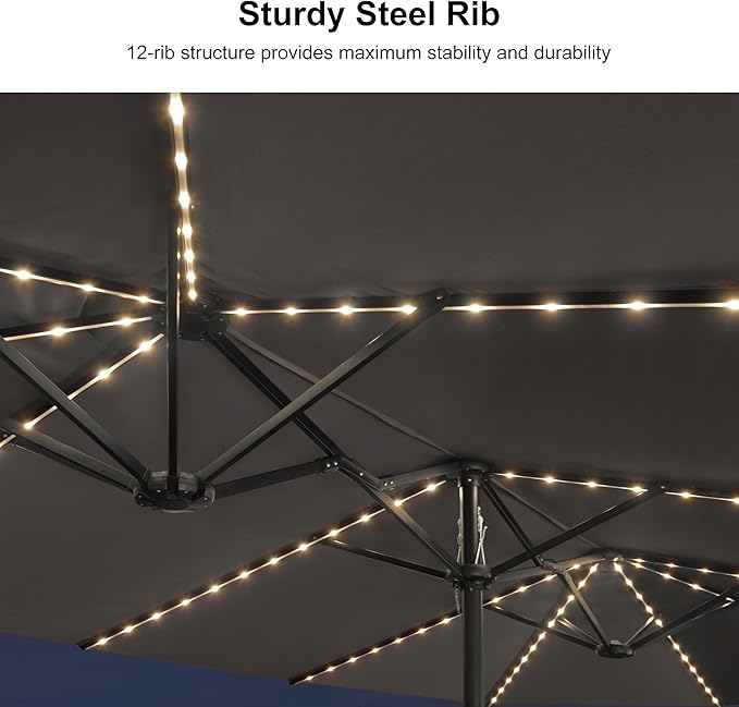 PURPLE LEAF 14ft Patio Market Umbrella with Solar LED and Base Double-Sided Rectangle Outdoor Table Sun Umbrellas with Crank for Pool Beach Deck Backyard Light Gray