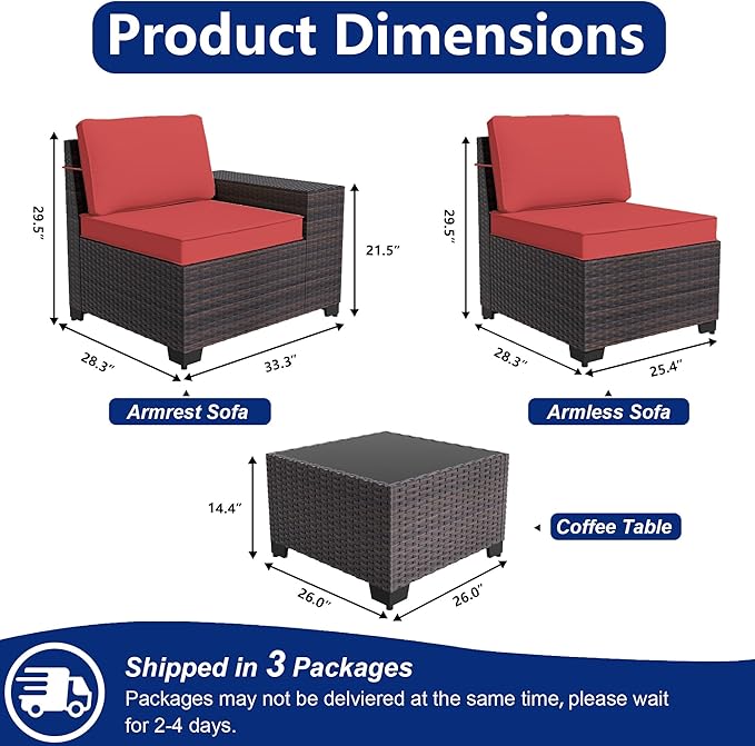 Outdoor Patio Furniture Set, 6 Pieces Outdoor Sectional Furniture High Backrest Patio Sofa, All-Weather PE Rattan Patio Conversation Set with Coffee Table & Cushions-Red.