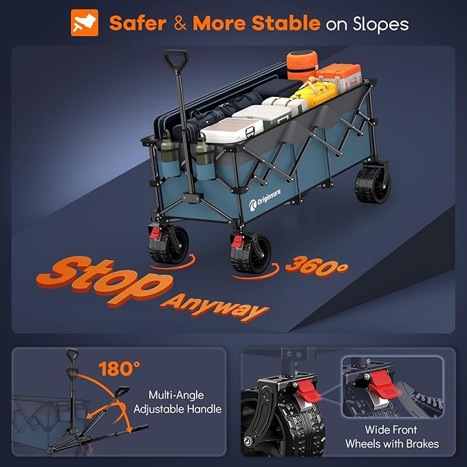48" L Collapsible Wagon Cart Foldable, 560lbs Weight Capacity 300L Heavy Duty Folding Beach Wagons with Big All-Terrain Wheels, Utility Carts for Groceries, Shopping, Camping, Sports - Grey&Blue