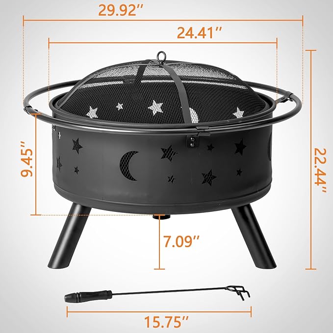 30 Inch Portable Fire Pit for Patio, Backyard, Garden, Fire Pits for Outside Wood Burning with Lid & Poker, Outdoor Firepit & Round Metal Firepit for Camping, Heating, Bonfire & Picnic