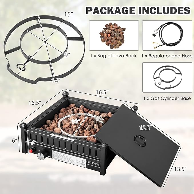 Tangkula Portable Tabletop Propane Fire Pit, Patiojoy 40,000 BTU Table Top Fireplace with Simple Ignition System, Adjustable Flame, Square Propane Firepit Bowl for Outdoors, Fit 2" Umbrella Hole Table