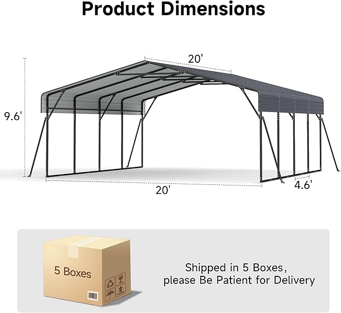 20x20FT Heavy Duty Metal Carport with Galvanized Steel Roof and Frame, Multi-Use Large Outdoor Garage Shelter with 4 Reinforced Supports for 2 Car,SUV,Truck Storage,Gray