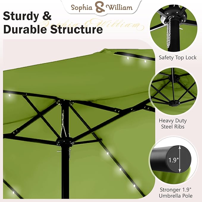 Sophia & William 15 ft Extra Large Patio Umbrella with Solar Lights, Rectangular Outdoor Umbrella with Base Included, Market Umbrella Double-sided Heavy Duty for Pool Garden Backyard, Lime