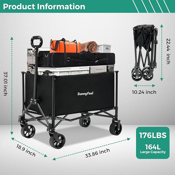 SUNNYFEEL Collapsible Wagon Cart with Wheels Foldable - 176lbs Standard Borderless Version Wagon Carts for Grocery Sports Garden Shopping Camping(Black, 164L)