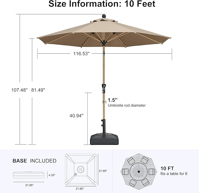 PURPLE LEAF 10 Feet Patio Umbrella with Base Outdoor Umbrella Round Market Umbrella for Table with Push Button Tilt & Crank and 8 Ribs Aluminum Pool Umbrella for Beach Patio, Taupe