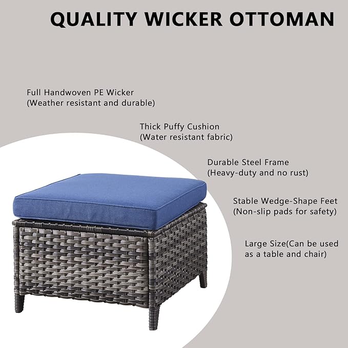 Rilyson Wicker Outdoor Patio Furniture Set - 8 Piece Patio Conversation Sets with Swivel Rocker Chairs, Ottomans, Sofa and Table, 6 inch Cushions, Deep Seating, for Porch Deck Mixed Grey/Blue