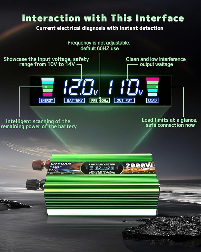 2000W Pure Sine Wave Power Inverters, LVYUAN 4000W Peak Power 12V DC to AC 120V Power Converter for RV, Truck, Outdoor, Remote Control Quadruple AC Outlets and USB Ports Inverter with LCD Display