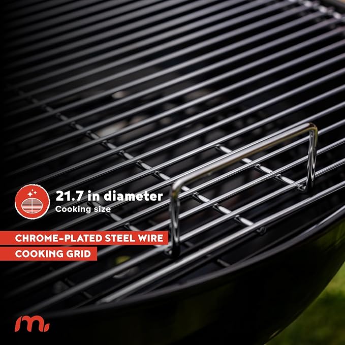 Megamaster 22" Heavy Duty Charcoal Barbecue Grill with Adjustable Air Vent, 354 SQ. In Cooking Area, Storage Rack, 2 Wheeled Portable Grill for Camping, Outdoor Cooking, and More - 810-23002