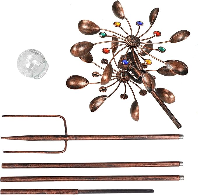 Solar Wind Spinner Multi-Color LED Lighting by Solar Powered Glass Ball with Kinetic Wind Aculptures Dual Direction Decorative Lawn Ornament Wind Mill.