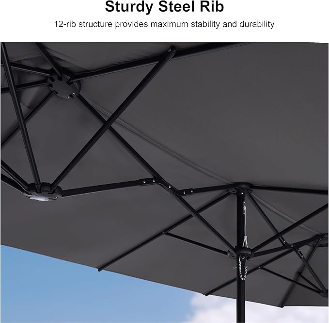 PURPLE LEAF 14ft Patio Market Umbrella with Base Double-Sided Rectangle Outdoor Table Sun Umbrellas with Crank 12 Heavy Duty Sturdy Ribs for Pool Beach Deck Backyard Light Gray