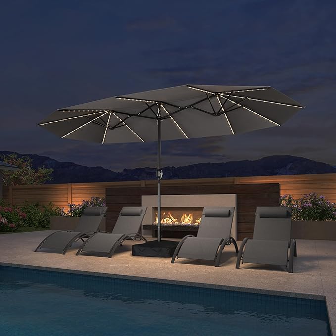 PURPLE LEAF 14ft Patio Market Umbrella with Solar LED and Base Double-Sided Rectangle Outdoor Table Sun Umbrellas with Crank for Pool Beach Deck Backyard Light Gray