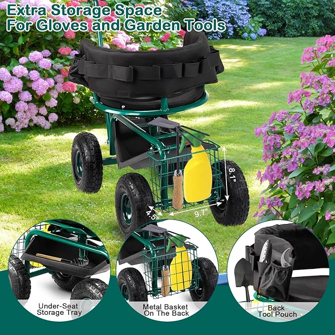 Outvita Rolling Garden Seat with Wheels, Gardening Stool with Height Adjustable 360 Degree Swivel Seat, Ergonomic Backrest, Tool Tray & Storage Basket, Outdoor Gardening Scooter Cart for Patio, Green