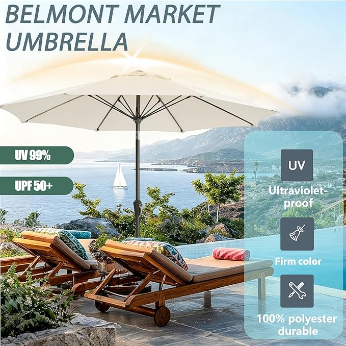 9FT Large Outdoor Patio Umbrella Market Table Umbrella-UV Resistant, Easy Push Button Tilt and Crank, 8 Sturdy Ribs Heavy-Duty Pool Umbrella for Deck, Backyard,Garden,White