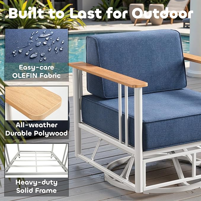 Luxury Outdoor Furniture Set with Swivel Chairs, 5 PCS Patio Furniture Set with 6" Extra Thick Cushions, Suitable for Porch, Balcony, Deck, Patio, Yard, Poolside, White/Blue