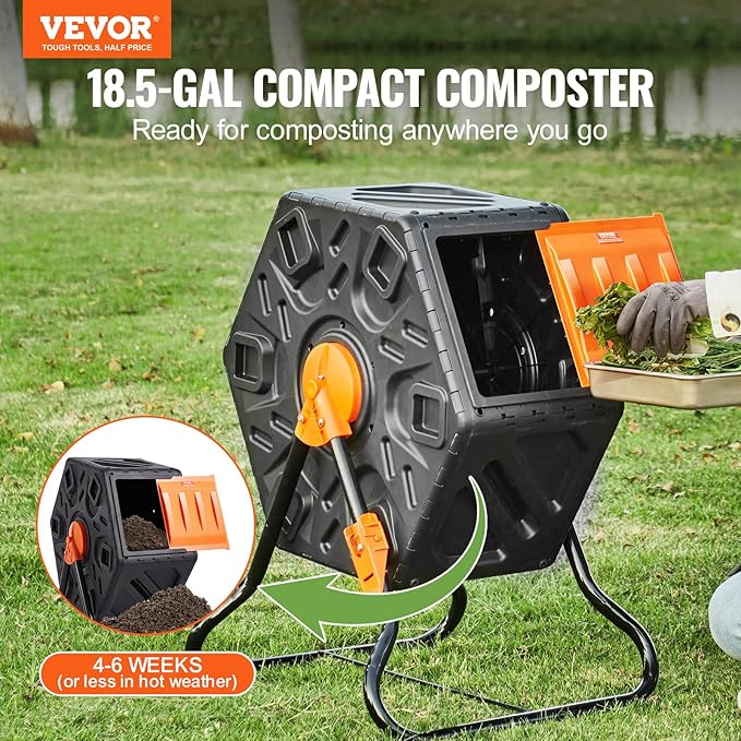 VEVOR Compost Bin, 18.5-Gal Small Composting Tumbler, Compact Single Rotating Chamber with Sliding Door and Steel Frame, BPA Free Composter Bin Tumbler for Garden, Kitchen, Yard, Outdoor