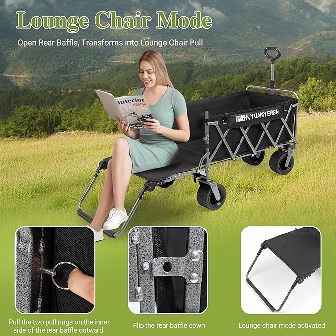 Large Capacity Collapsible Wagon with Opened Tailgate, 500lbs Pulled and Pushed Heavy Duty Folding Wagon Carts, 59" Extra Long Extender Wagons, All-Terrain Big Wheels for Shopping, Sports, Camping