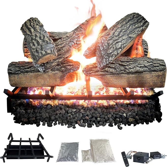 24" Premium Gas Logs - Remote Control Kit Included - for Natural Gas Vented Fireplaces - Blazing Oak Design (Logs + Remote Light Kit)