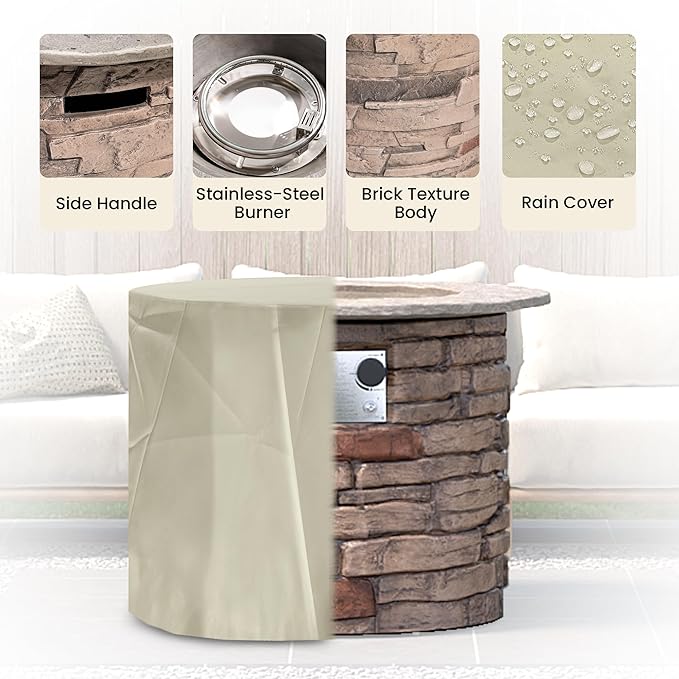 HOMPUS Outdoor Propane Fire Table, 32-inch Imitation Stone Concrete with Rain Cover and Lava Rocks - Smokeless, 40,000 BTU for Patio, Garden, Deck or Backyard