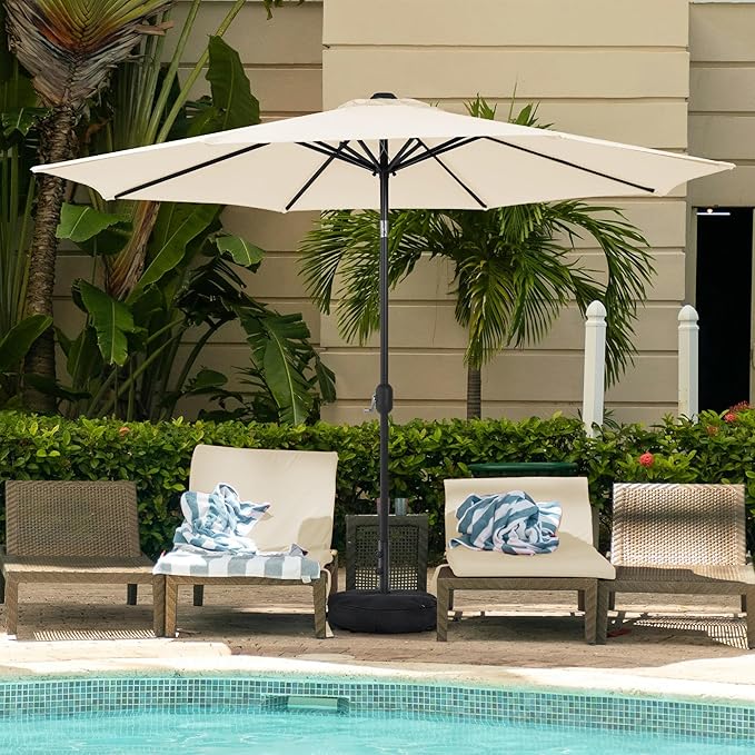 Sundale Outdoor Olefin 5-Year-Non-Fading Patio Umbrella with Sand Bag Umbrella Base, Outdoor Umbrella with Tilt and Crank