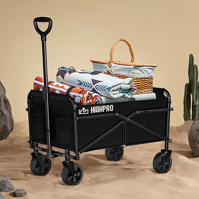Highpro Collapsible Wagon Carts Foldable, Heavy Duty Beach Folding Wagon Cart with Wheels, Portable Grocery Garden Cart for Outdoor, Sports, Shopping, Camping, Black