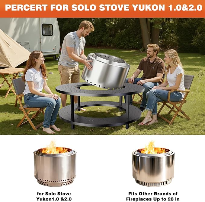 Fire Pit Surround Tabletop for Solo Stove Yukon 1.0 & 2.0, 48" Fire Pit Surround Tabletop with Wood Storage Shelf,Powder-Coated Steel Surround Tabletop with Extra Space
