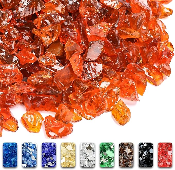 GRISUN Orange Red Fire Glass for Fire Pit - 1/2 Inch Tempered Glass Rocks for Natural or Propane Fireplace, Safe for Outdoors and Indoors Firepit Glass, 10 Pounds
