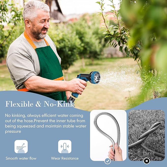 Garden Hose 100FT, Water Hose with 10 Function Nozzle, Garden Hose Metal with Leak-proof Connectors, No-Kink, Lightweight, Puncture-proof, Pet-proof, Sturdy, 550PSI, Hose for Outdoor, Yard