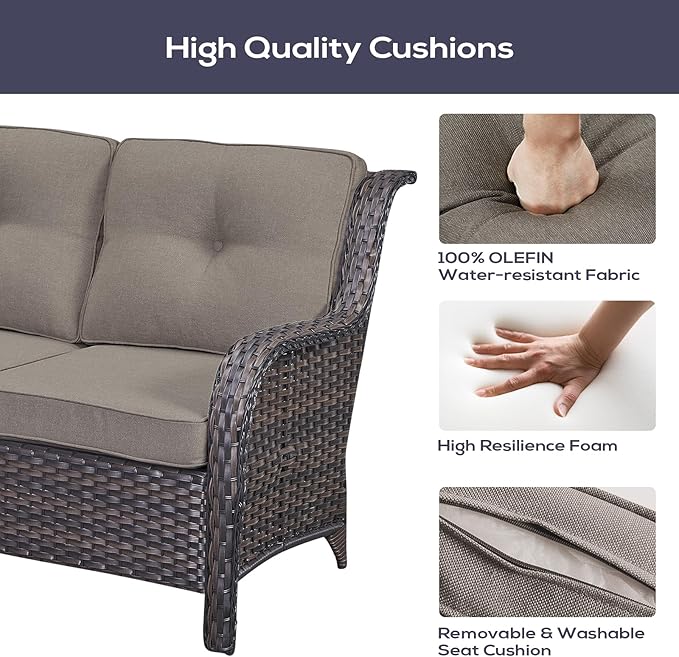 Belord Outdoor Sectional Sofa Furniture Set with Propane Fire Pit Table, Wicker Patio Conversation Set with 2 Swivel Glider Rocker Chairs Grey Cushion Perfect for Backyard Casual Gathering