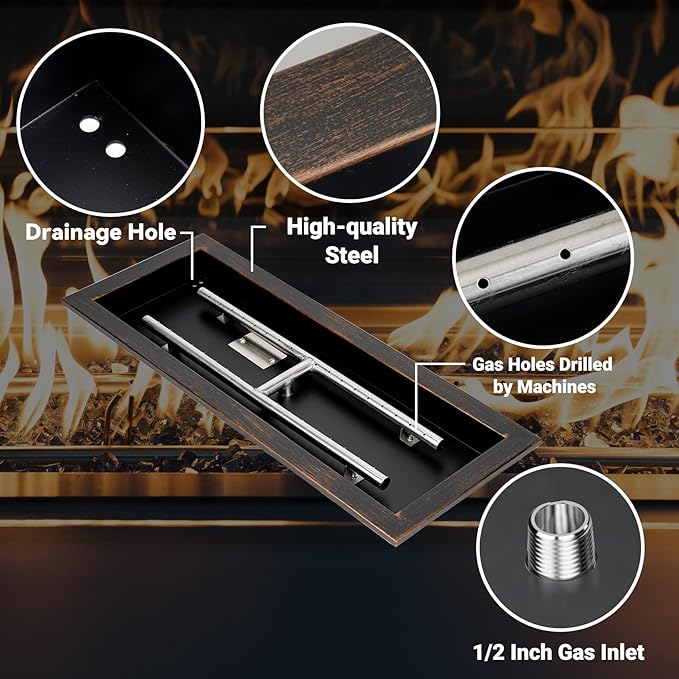 Skyflame 30 x 10 Inch Rectangular Fire Pit Pan Kit, Black Drop-in Fire Pit Pan and Burner, Come with Spark Ignition and Propane Hose, Indoor/Outdoor Fire Pit, Fire Table DIY Decorative