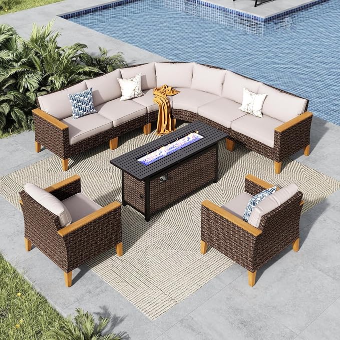 MFSTUDIO 9 Pieces Wicker Patio Furniture Set with 56" Fire Pit Table, Half-Moon Curved Patio Sectional Sofa Set, Extra Large Rattan Outdoor Conversation Sets for Garden, Backyard(Beige Cushion)