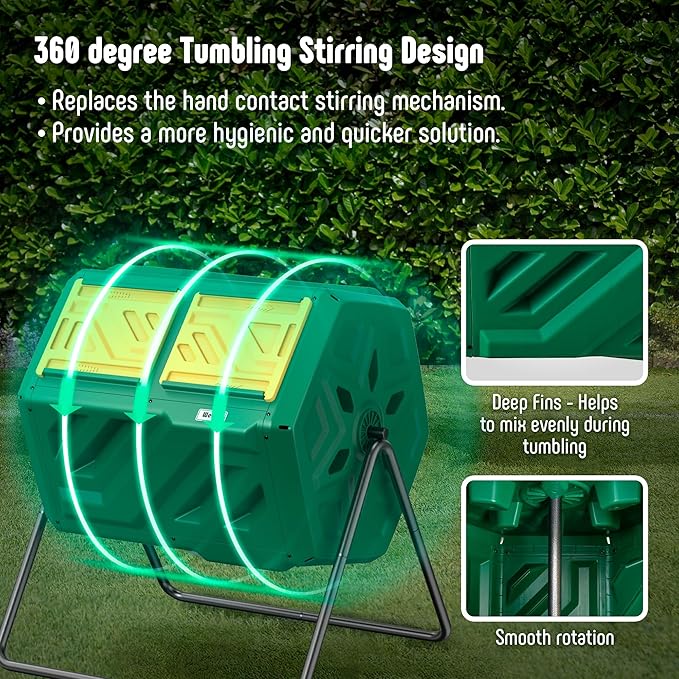 Werph 43 Gallon Compost Bin with Gloves, Fast Assembly & Easy Setup Outdoor Compost Tumbler, Updated Dual Chamber Tumbling Composter for Garden, Kitchen, and Yard Waste, Green