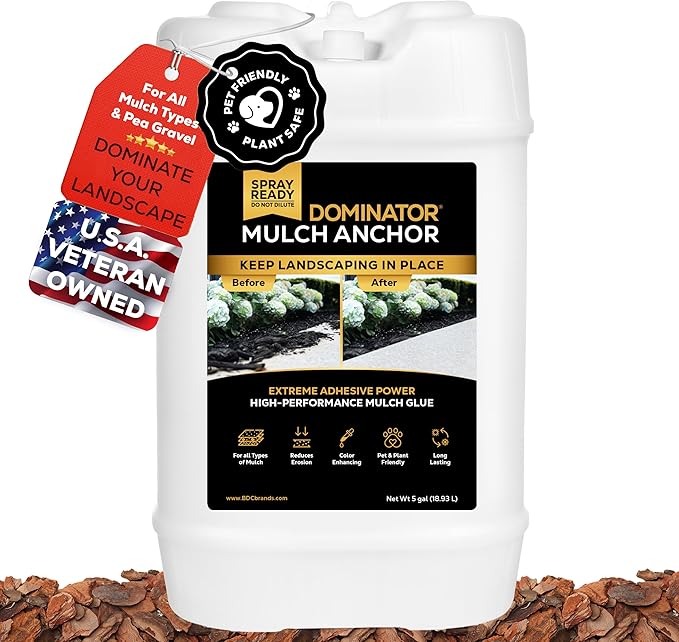 Dominator Mulch Anchor 5 Gallon - Mulch Glue for Landscaping, Pea Gravel & Rock Stabilizer Glue, Ready to Use Spray, Lasts up to 2 Years, Fast-Dry, Non-Toxic