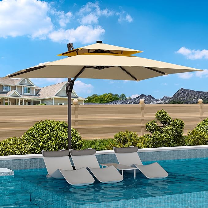 9' X 12' Cantilever Patio Umbrella Double Top Rectangular Outdoor Large Offset Umbrellas with 7 Tilts Adjustable 360°Rotation for Deck Pool Garden Backyard, Beige
