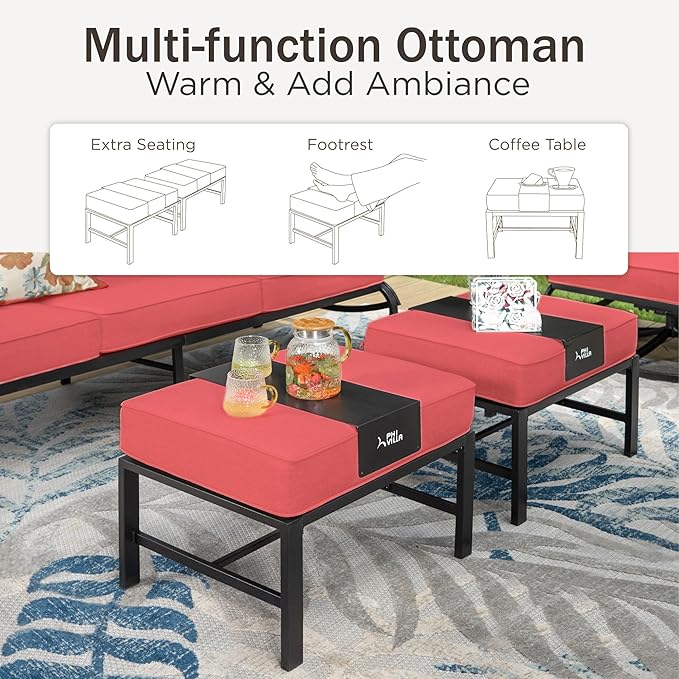 PHI VILLA Patio Furniture with 1 x 45 Metal FirePit Table, 1 x 3-Seat Wide Deep Seating Bench, 2 x Swivel Sofa Chairs & 2 Ottomans, 5.75" Thick Cushioned Outdoor Conversation Set for 5,Red