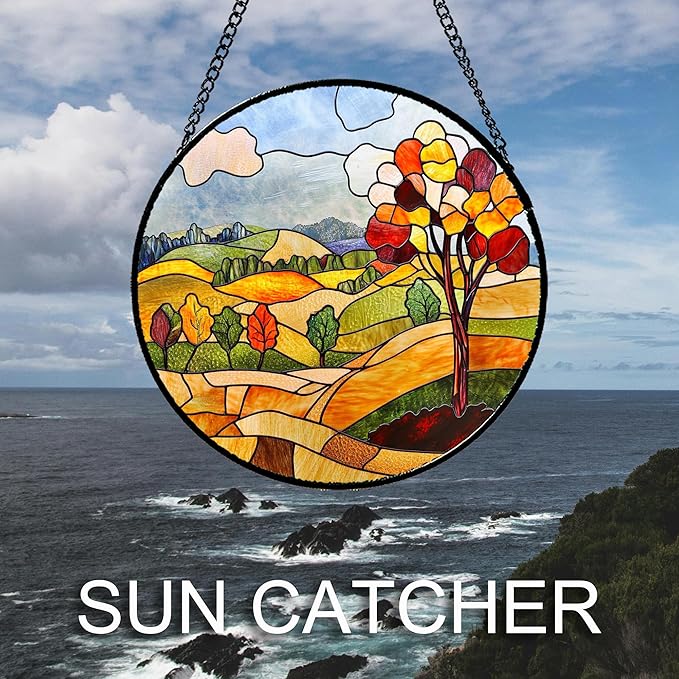 QZQCBLC Stained Glass Window Hanging Orange Mountains Trees Farm Landscape Large 11.8" - Suncatcher Door Garden Sun Catcher Home Decor Birthday Christmas for Mom Men Woman Friend