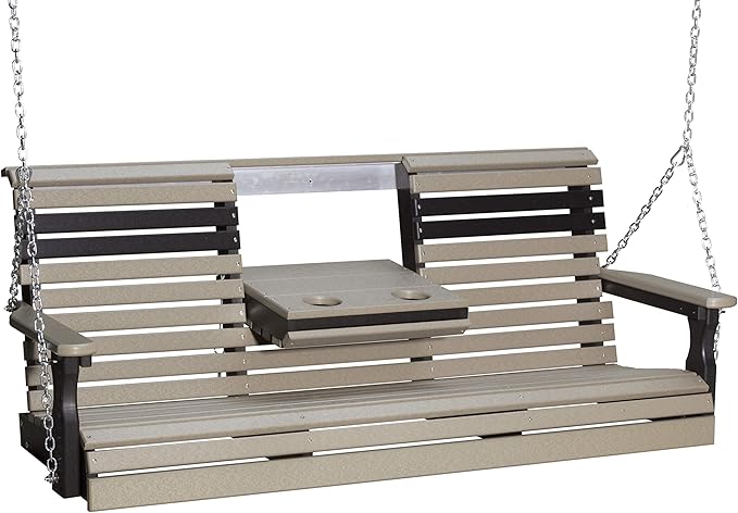 LuxCraft Rollback 5ft Recycled Plastic Plain Porch Swing with Flip Down Center Console