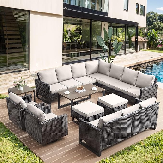 HUMMUH 10 Piece Patio Furniture Set PE Wicker 12-Seater Outdoor Sectional Sofa Set with Patio Swivel Chairs Dinning Table Ottomans for Porch,Garden,Backyard,Deck(Brown/Beige)