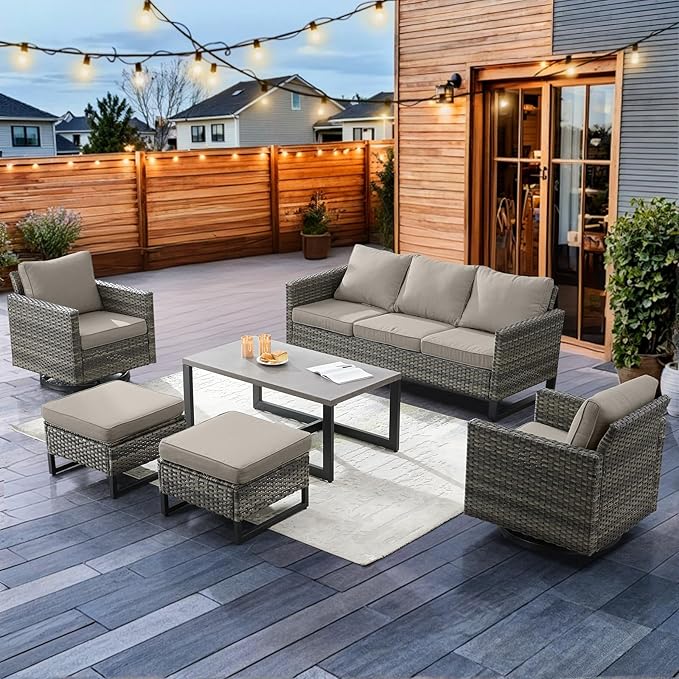 HUMMUH 6 Piece Patio Furniture Set Outdoor Sectional Sofa,High Back Patio Swivel Rocker Chairs with Ottomans Coffee Table for Porch,Garden,Backyard
