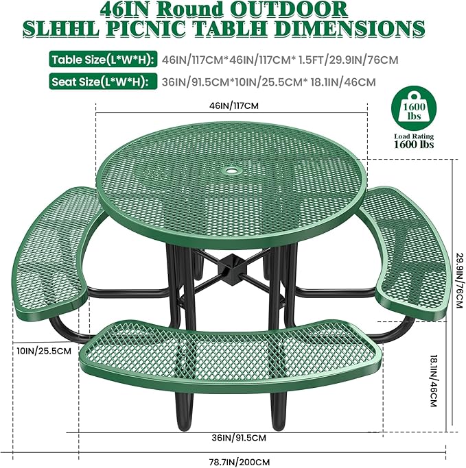 46" Round Top Outdoor Picnic Table Set for Up to 8 Persons, Outside Table Set with 4 Built-in Benches, Metal Commercial-Grade Dining Furniture with Umbrella Hole for Garden, Backyard, Porch, Green