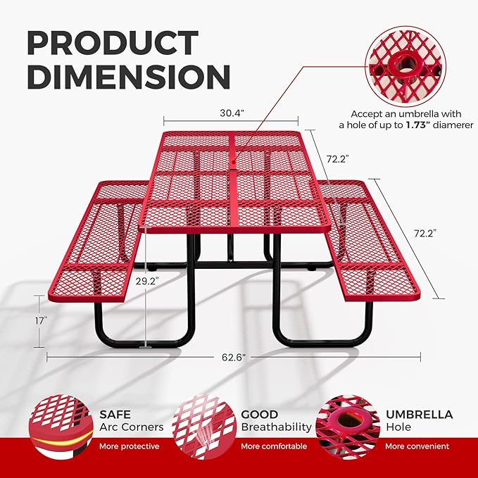 Rueekfil 72" Coated Picnic Table with Umbrella Hole, Heavy Duty Commercial Picnic Table for Outdoors, Family & Party Ready for School Camping, Rectangular, Red
